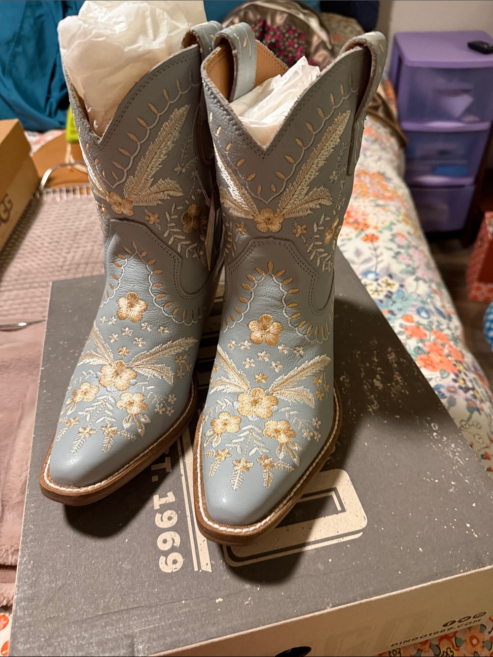 MIA Blue Western Embroidered Ankle Boots with Gold Floral Stitching